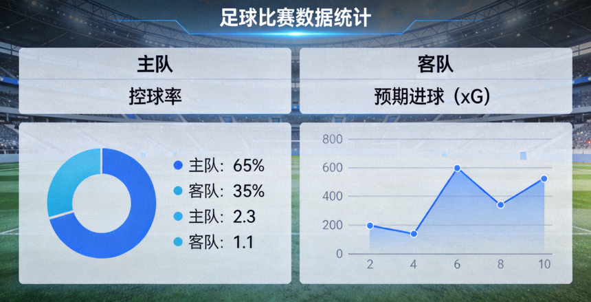 足球比赛数据统计面板，展示控球率与预期进球等指标